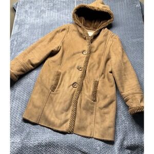 St Johns Bay Faux Suede Hooded Jacket Women 1X Lt Brown Sherpa Fleece Lined Coat